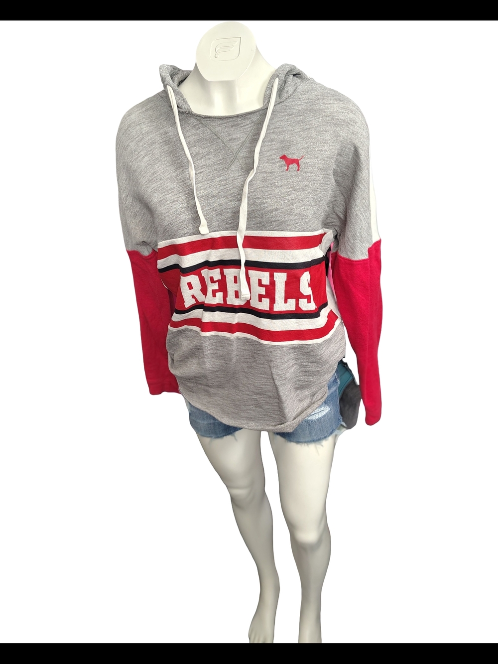 PINK Victoria's Secret Grey, Red & White 'Rebels' Pullover Hoodie